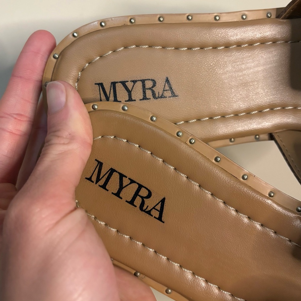 Women's Myra Hand Tooled Leather Turquoise and Brown Sandals Slides Size 11 - Picture 3 of 7